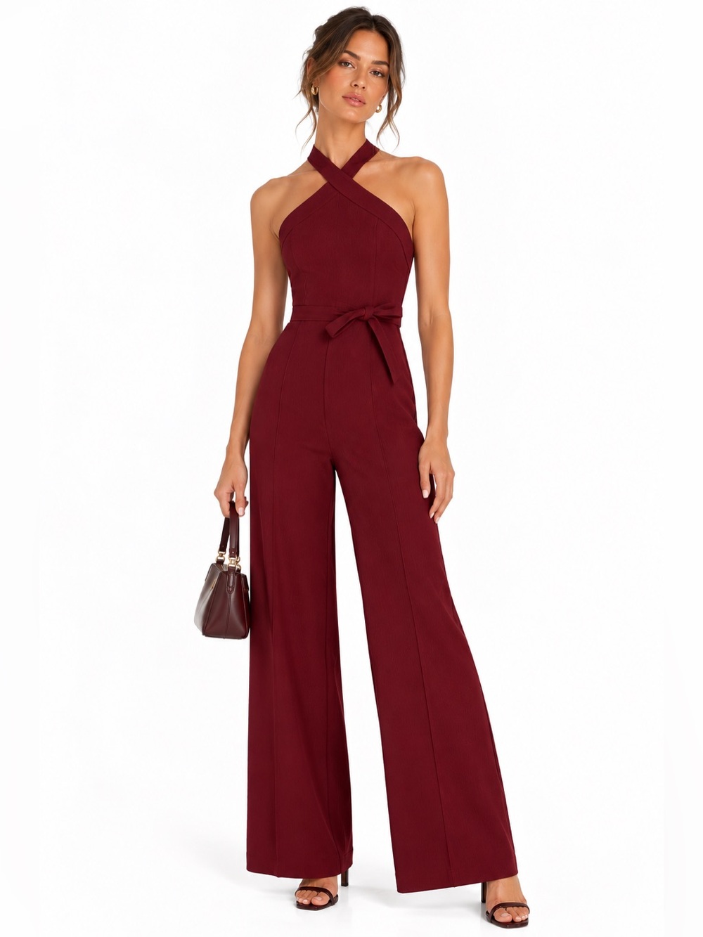 LIKELY Dash Rhubarb Wide-Leg Burgundy Jumpsuit with Crossback Straps